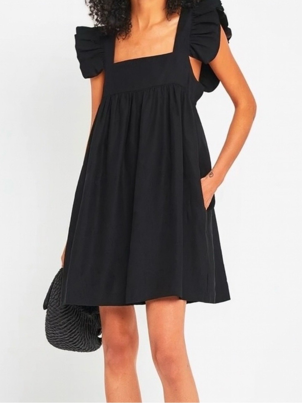 O.P.T Dress Flutter Sleeve Cotton Linen Minimalist A-Line Black Size Small